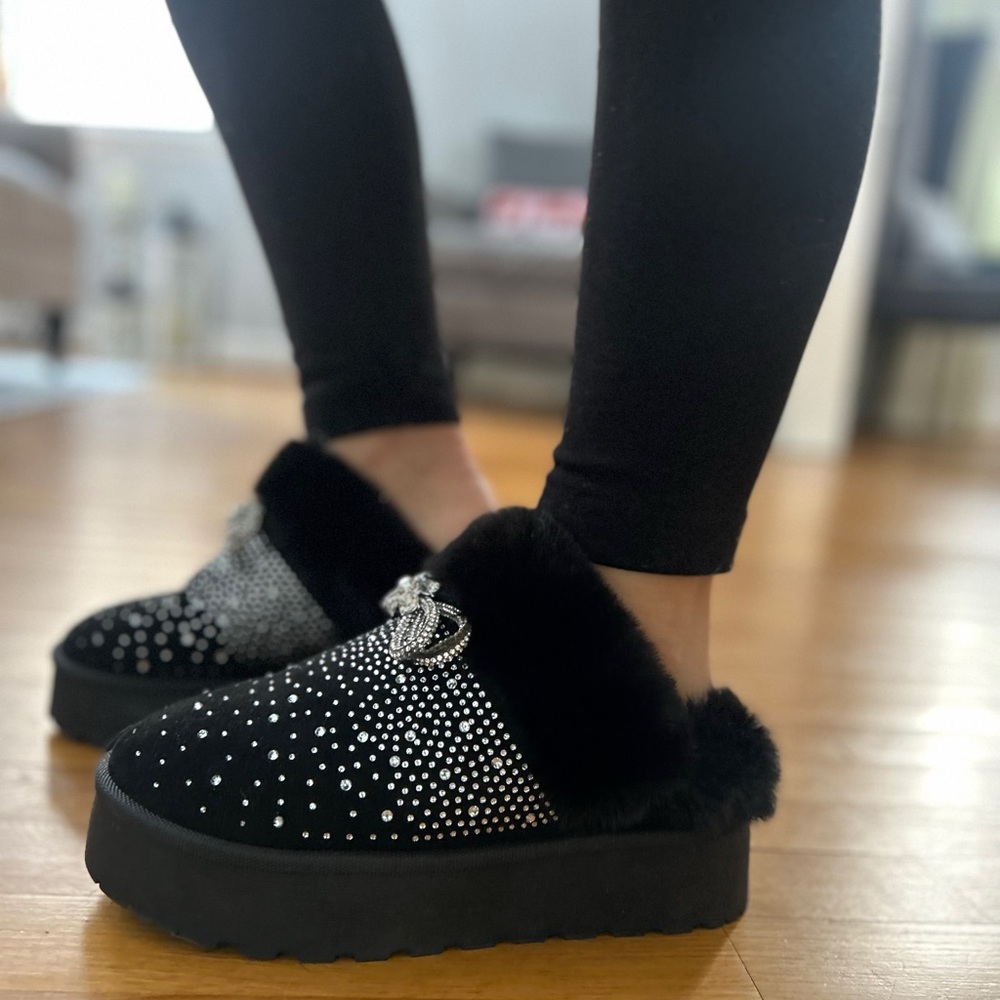 Faux Vegan Shearling Fur Platform Slide Booties Crystal Rhinestone Black